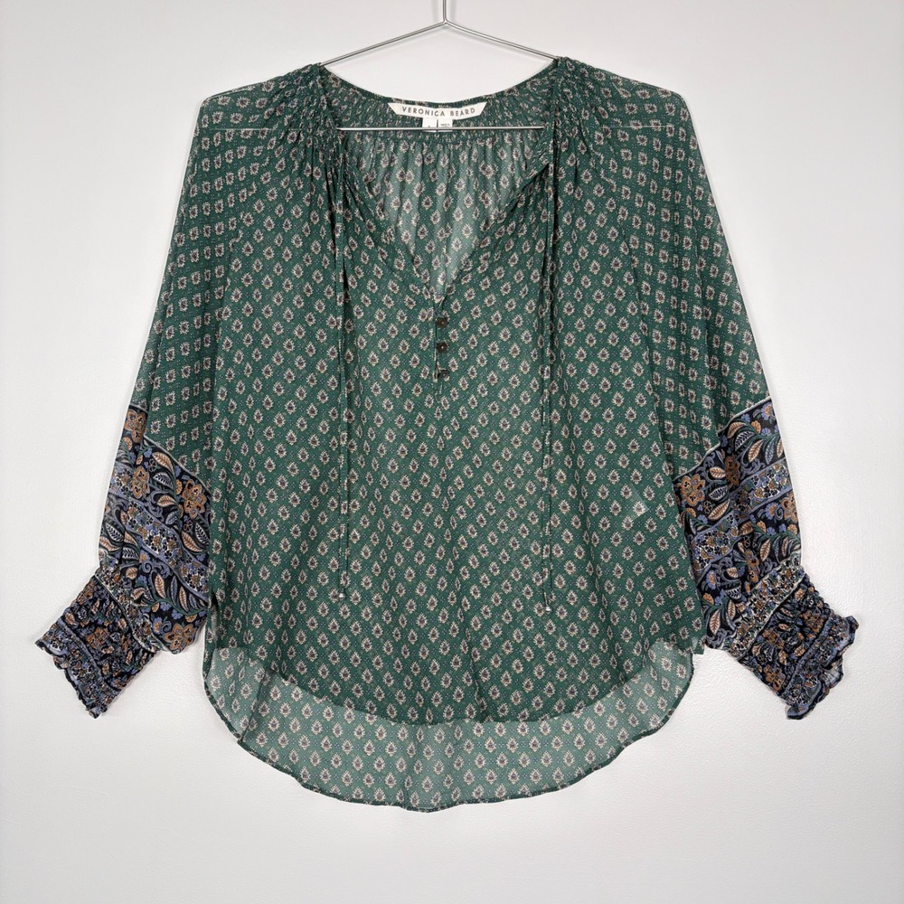 Veronica Beard Womens Blouse 8 Green Silk Paisley Smocked Cuff Tassel Tie 9271